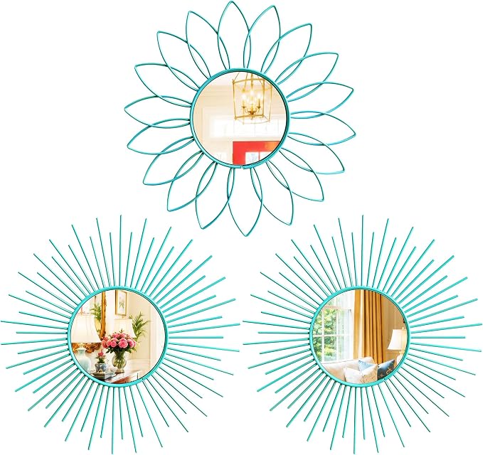 3 Pack Metal Mirrors for Wall Sunburst Wall Mirrors Home Décor Decorative Hanging Wall Art for Living Room Bedroom Entryway (Greenish Blue, Flower+Sunburst) by Uaussi