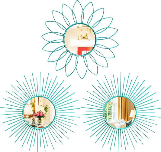 3 Pack Metal Mirrors for Wall Sunburst Wall Mirrors Home Décor Decorative Hanging Wall Art for Living Room Bedroom Entryway (Greenish Blue, Flower+Sunburst) by Uaussi