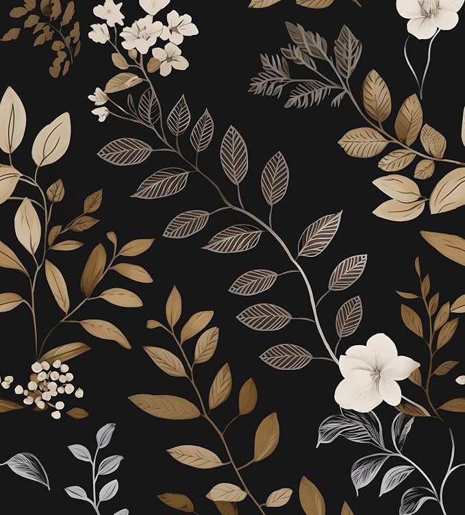 Laatse Floral Leaf Vintage Wallpaper Peel and Stick 17.5"x118", Black Gold | Self Adhesive/Removable/Waterproof/Thick Vinyl Contact Paper for Bathroom Bedroom Shelf Cabinet Drawer,Prepasted,Easy Peel by Laatse