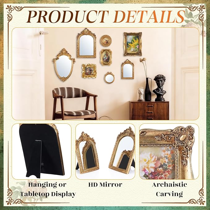 Novabright 8 Pcs Vintage Gold Picture Frame Wall Mirror Decor Set for Gallery, Small Antique Gold Mirror Luxury Ornate Pohot Frames for Wall Table Display(Elegant) - Image 2