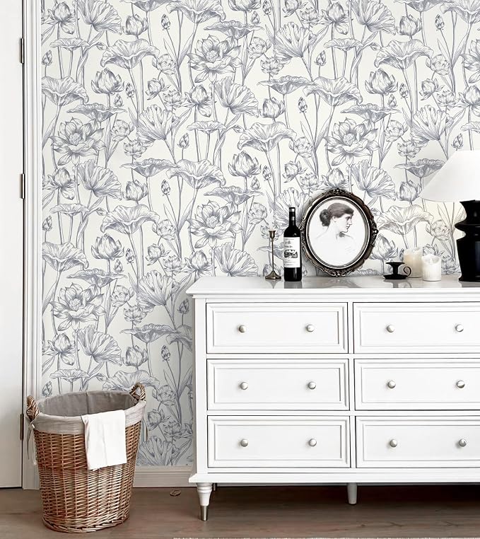 Timeet Floral Peel and Stick Wallpaper 16" x 197" White and Purple Wallpaper Lotus Removable Self Adhesive Contact Paper for Bedroom Bathroom Wall Paper Wall Decor by Timeet