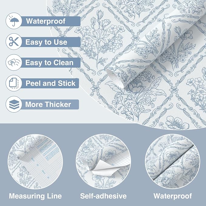 Toduso Wallpaper Peel and Stick Mordern Wall Paper Blue and White Contact Paper Removable Wallpaper for Kitchen Bathroom Bedroom Floral Waterproof Self Adhesive Vinyl Drawer Decor 17.3"x78.7" - Image 8