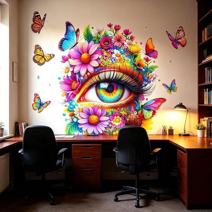 Floral Flower Eye Wall Decals, Trippy Boho Butterfly Wall Stickers | Aesthetic indie flowers butterfly peel and stick wall decor, removable vinyl wall art mural for bedroom living room - Image 3