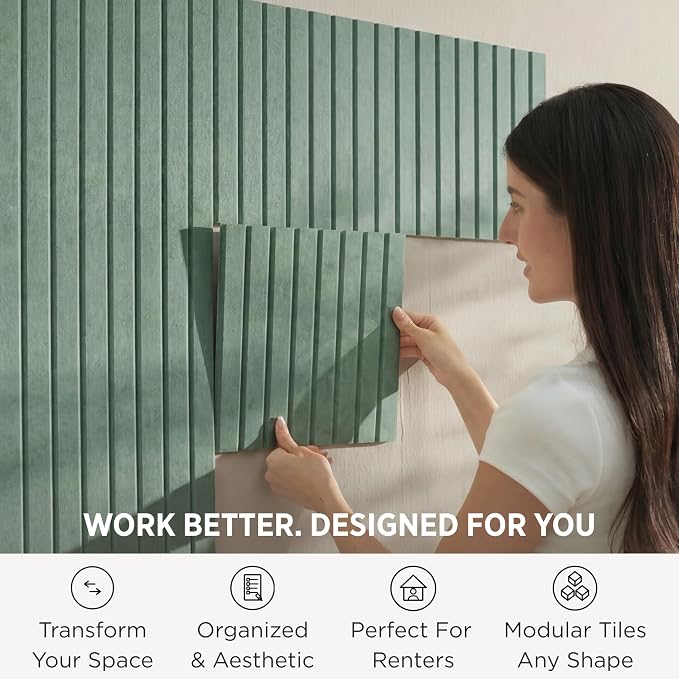 VIVELDA Felt Bulletin Board Tiles 48"x36" - 12-Pack Cork Board Alternative, OEKO-TEX Certified, NRC 0.95 Acoustic Felt Wall Panels, Damage-Free Adhesive, Slatted Design, Home Office & Classroom (Palm) - Image 2