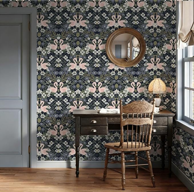 Heroad Vintage Peel and Stick Wallpaper Floral Flamingo Contact Paper Dark Blue William Morris Wall Paper Removable Renter Friendly Wallpaper for Bedroom Nursery Farmhouse Vinyl Rolls 17.3''X 196'' - Image 2