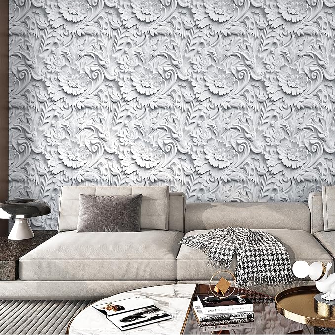 ReWallpaper 17.5in×23ft Modern 3D Wallpaper Stick and Peel Wallpaper Grey Floral Peel and Stick Wallpaper for Bedroom Bathroom Contact Paper Decorative Faux 3D Wall Panels for Interior Wall Decor - Image 4