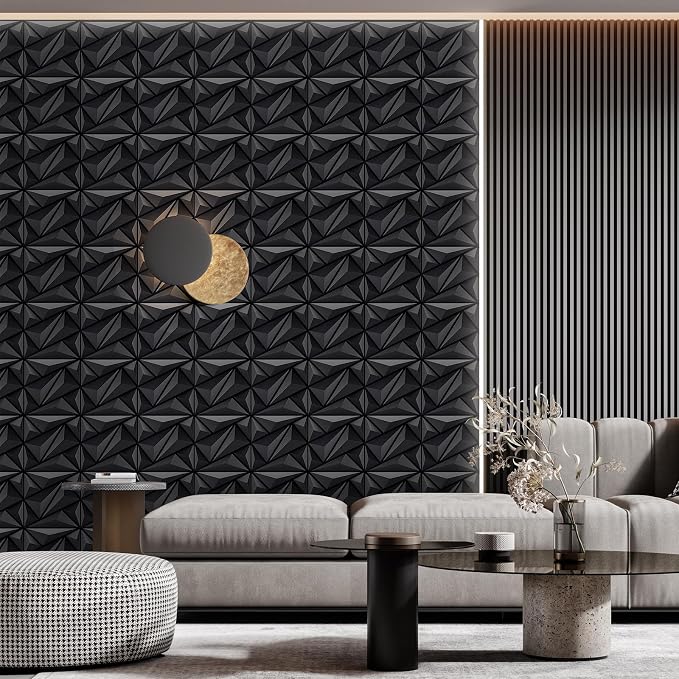 Heikki 30 Pack 3D Wall Panel for Interior Wall Décor, PVC Flower Textured Wall Panels for Living Room Bedroom Hotel Office, 11.8"x11.8", Double-sided Tape (Black-DJZ) - Image 8