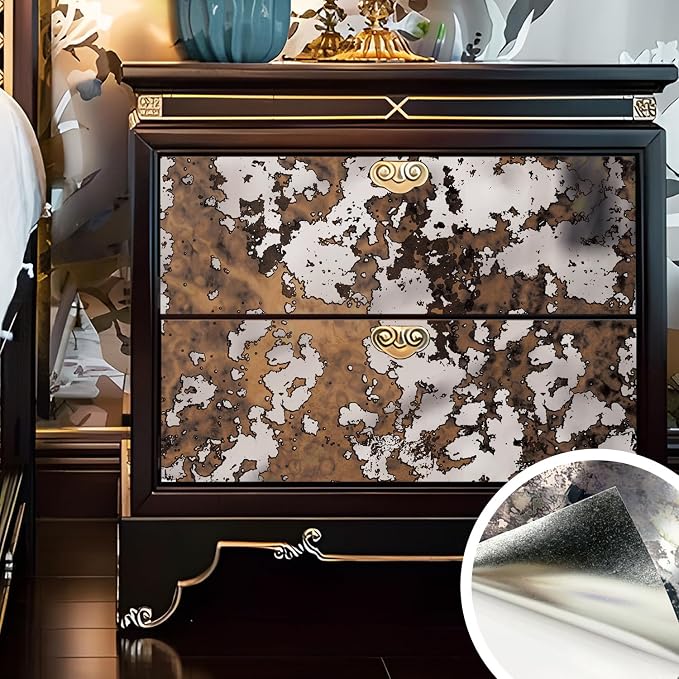 LiveInUrban Vintage Foxed Rust Antique Chrome Reflective Style Wallpaper, Grunge Peel and Stick Contact Paper for Wall Furniture Vanity Dresser Home Decor, 15.35"x39.37" by LiveInUrban