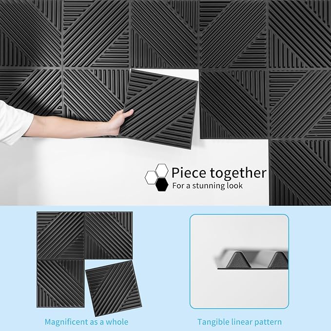 Art3d 3D Textured Accent Wall Panels, 12 x 12 Inch, 33-Pack, Black | Premium PVC, Waterproof, Anti-Sag, Scratch Resistant, Ideal for Living Room, Bedroom, TV Background - Image 2