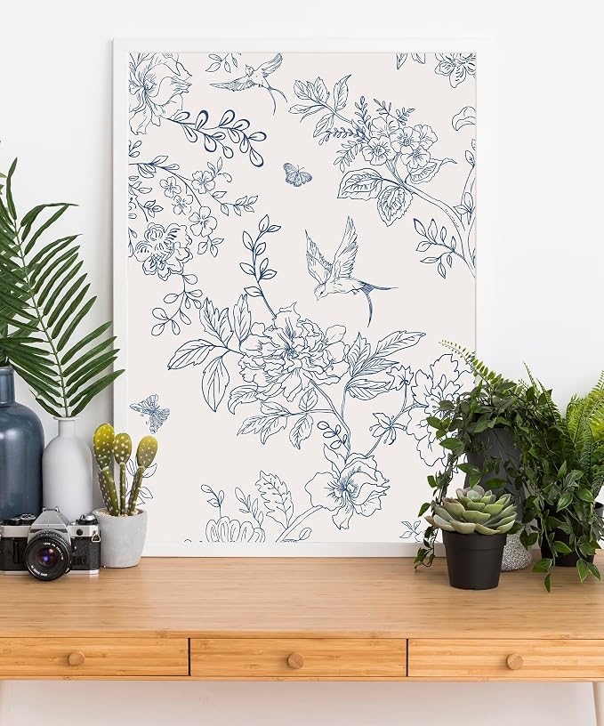 Froluya Cream White and Blue Peel and Stick Wallpaper Floral Contact Paper | 17.7in×118.1in Blue Floral Wallpaper Peel and Stick Vintage Flower Bird Self Adhesive Removable Wall Paper for Bathroom Vinyl - Image 7