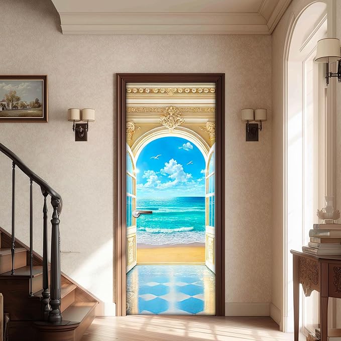 HOMETITUTE Arched Carved Beach Door View Peel Stick 30.3x78.7 Vinyl | Wall Cover Poster Decals Removable Wallpaper Self Adhesive Bedroom Livingroom Office - Beach View - Image 2