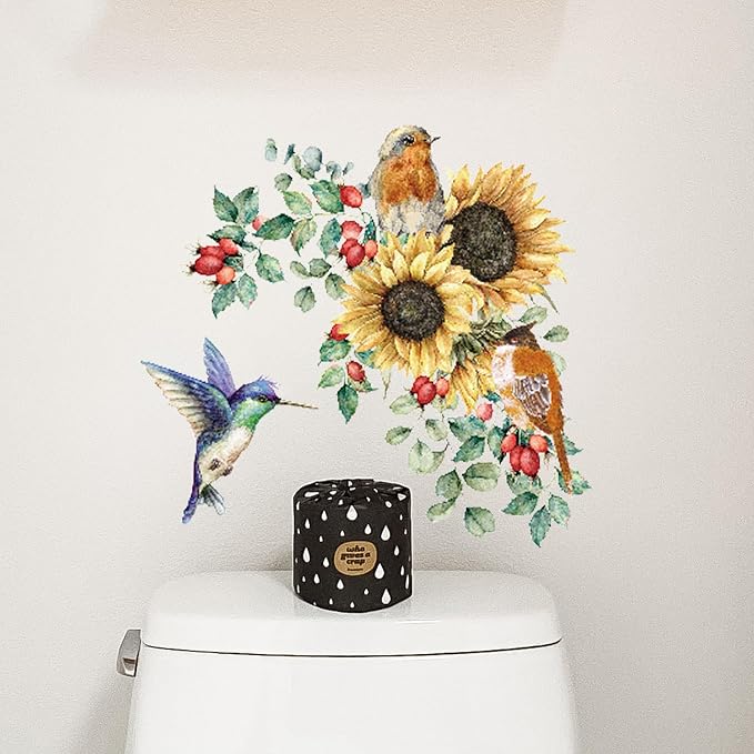 Sunflower Wall Stickers & Murals Bird Wall Decals Peel and Stick Yellow Flower Window Clings Watercolor Hummingbird Art Decor Wall Clings Kitchen Cabinet Decals for Bathroom Toilet Tank Girls Bedroom - Image 3