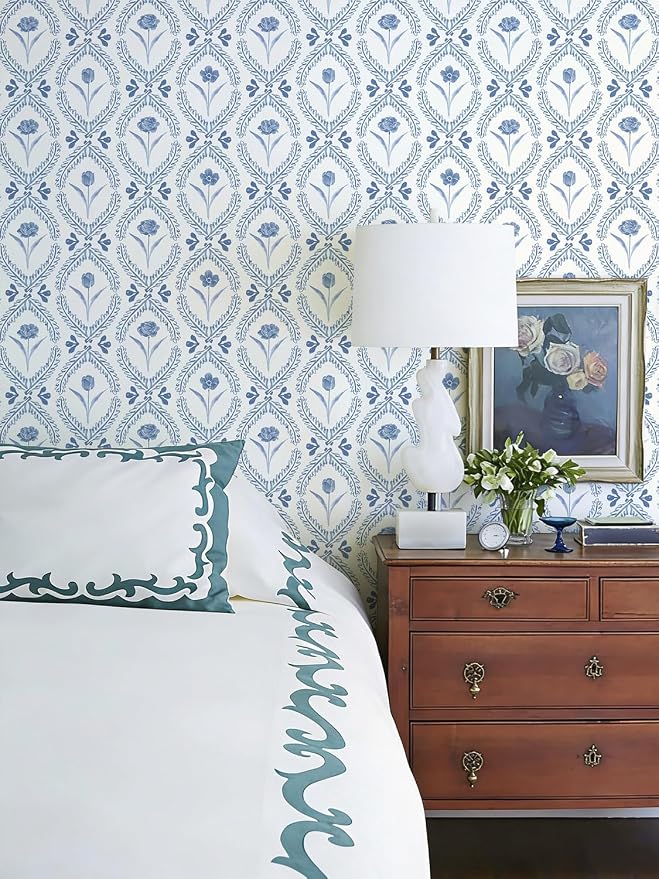 Orainege Floral Peel and Stick Wallpaper Blue Floral Wallpaper | 16.9in x393.7in Leaf Flower Wallpaper Peel and Stick Boho Self Adhesive Removable for Bedroom Bathroom Decor - Image 2