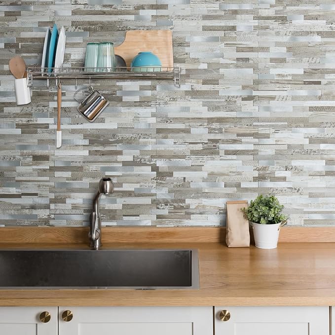AULIGET Peel and Stick Backsplash, Coffee & Brown Wood Look PVC Mixed Metal Stick on Bathroom Backsplash, 2 - Image 4