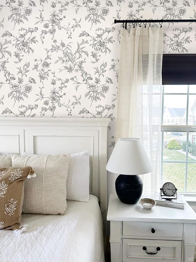 Ismoon Peel and Stick Wallpaper Floral Vintage Stick on Wall Paper Black and White Contact Paper for Cabinet French Textured Removable Self Adhesive Wallpaper Vinyl for Bedroom Wall Deco 17.3 x 78.7in - Image 4