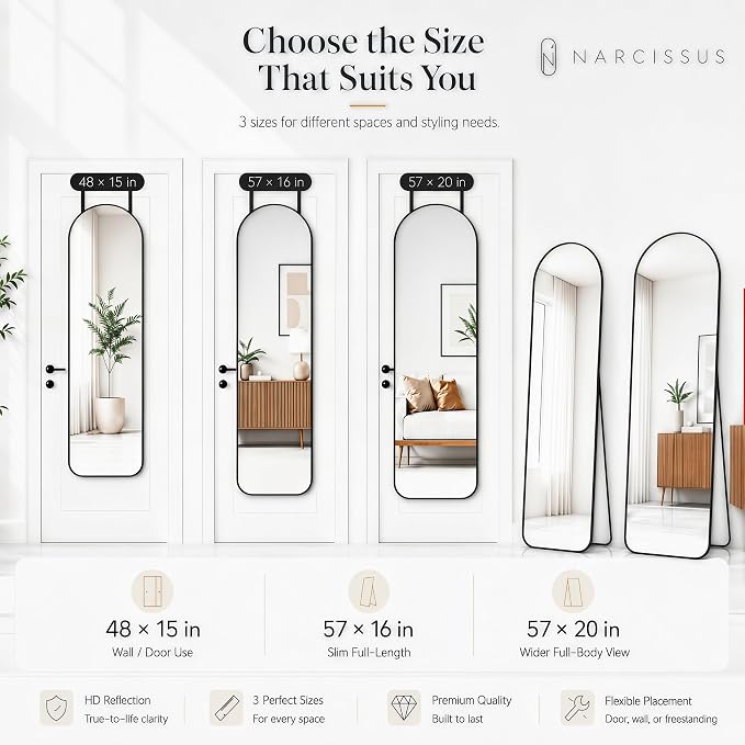 NARCISSUS Full Length Mirror 57x20 Inch, Over The Door Mirror with Stand, Wall Mounted or Freestanding/Door Hanging Full Body, Aluminum Alloy Frame, Black - Image 9