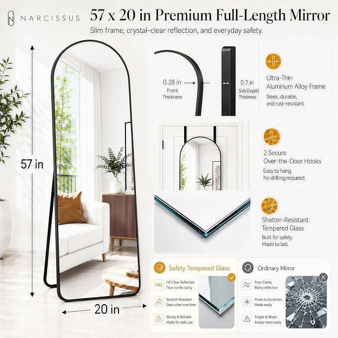 NARCISSUS Full Length Mirror 57x20 Inch, Over The Door Mirror with Stand, Wall Mounted or Freestanding/Door Hanging Full Body, Aluminum Alloy Frame, Black - Image 2