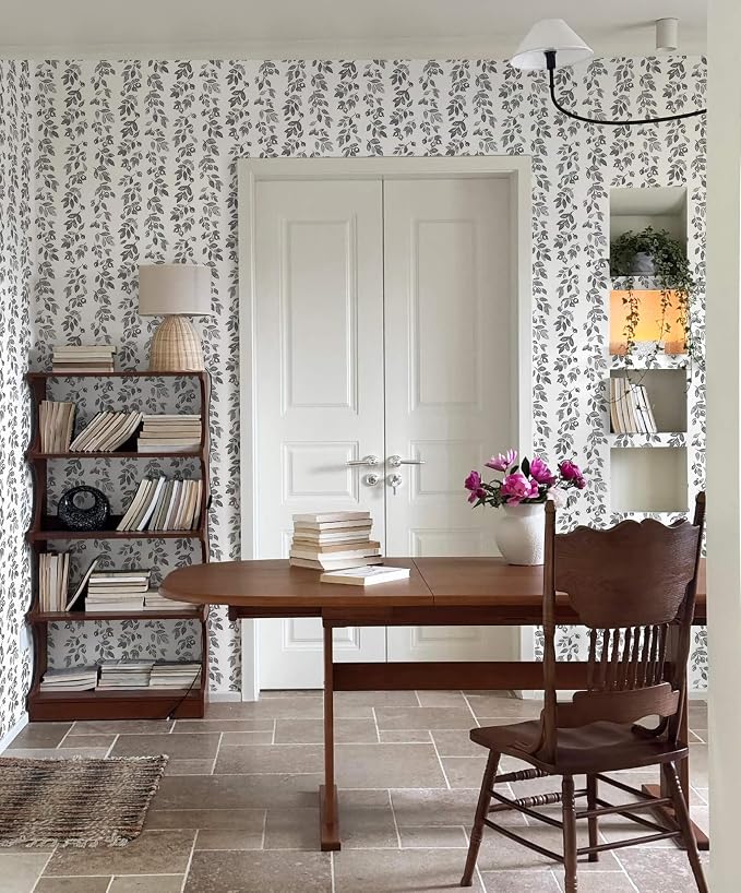 Heroad Grey Wallpaper Vintage Peel and Stick Wallpaper Leaf Contact Paper Cottage Core Wall Paper Self Adhesive Removable Wallpaper for Bathroom Bedroom Kitchen Watercolor Decor Vinyl 17.3''x78.7'' - Image 5