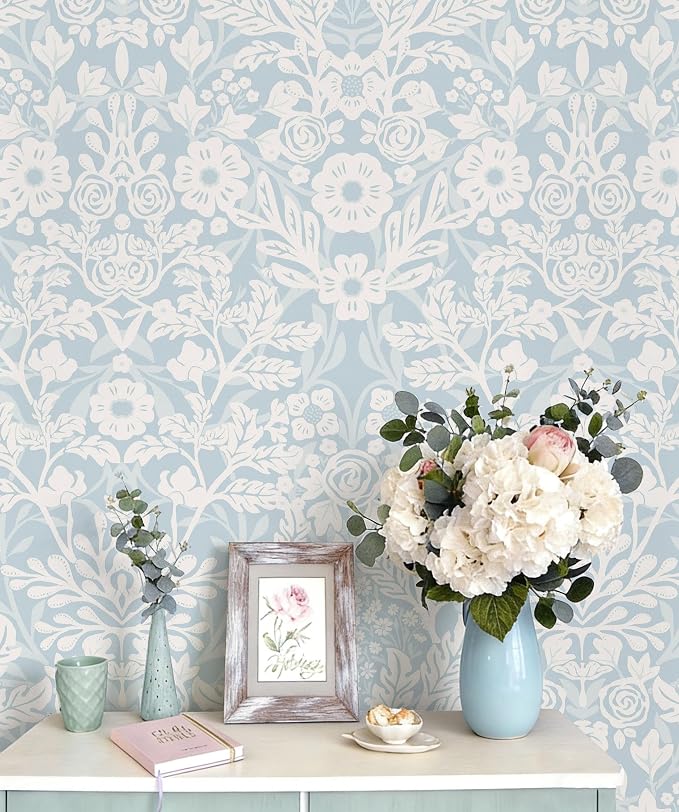 Toduso Blue Peel and Stick Wallpaper Floral Boho Wallpaper Modern Waterproof Contact Paper Removable Self Adhesive Wall Paper for Bedroom Bathroom Kitchen Cabinet Decor Vinyl Roll 17.3" x 393.7" by Toduso