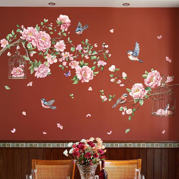 Removable Large Flowers with Tree Branches Wall Stickers – DIY Peony Floral Birds Wall Decals, Peel and Stick Leaves & Birdcage Wall Decor for Kids Girls Bedroom, Nursery, Living Room, Classroom - Image 5