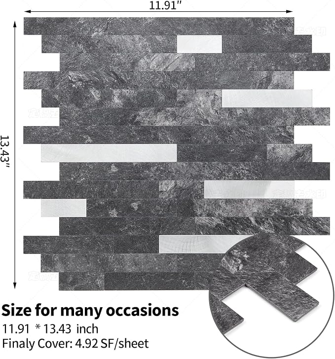Yipscazo 20 Sheets Peel and Stick Stone Metal Tile Backsplash, Stick on Tiles for Backsplash Kitchen, Bathroom, Laundry Room, Camper, Fireplace (12'' X 12'', Dark Black) - Image 5