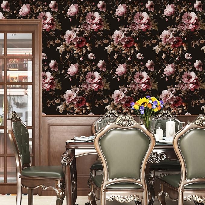 Laatse Dark Floral Brown Wallpaper Peel and Stick17.5 × 118", Black Pink | Self Adhesive/Removable/Waterproof/Thick Vinyl Contact Paper for Bathroom Bedroom Shelf Cabinet Drawer,Prepasted,Easy Peel - Image 2