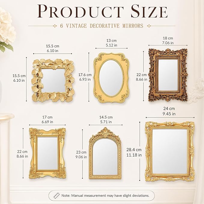 Kathfly 6 Pack Vintage Gold Mirror for Wall Gold Antique Wall Hanging Mirrors for Bedroom Decorative Resin Frame Baroque Style Assorted Sizes Tabletop Tray for Gallery Home Living Room Decor(Square) - Image 3