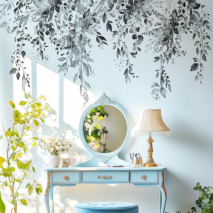 Black Plants Leaves Wall Decals Peel and Stick, Large Floral Flowers Vinyl Wall Stickers, Removable Vine Home Decor Art for Bedroom Living Room Classroom Office by VePret