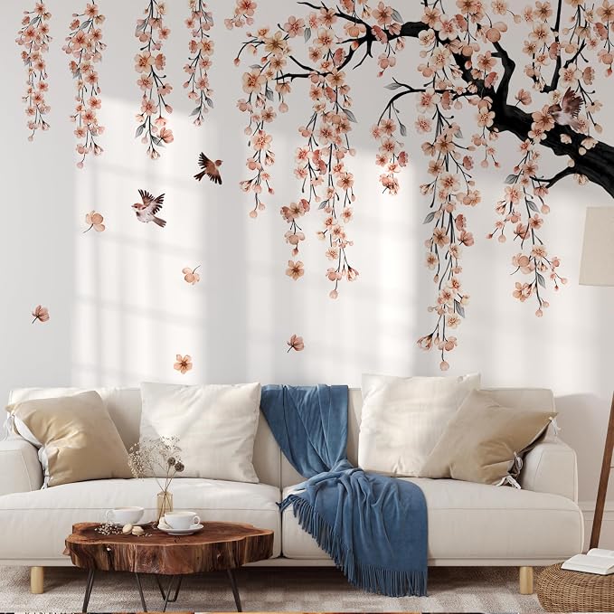 Large Light Pink Cherry Blossom Tree Wall Stickers | 4 Sheets Spring Flower Bird Wall Decals Peel and Stick Waterproof Wall Murals Decor for Living Room Bedroom (11.8*35.4inch) - Image 2