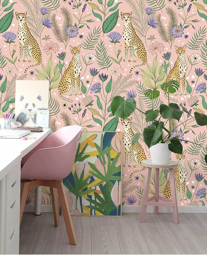 Floralplus Wallpaper Peel and Stick Pink Leopard Wallpaper Floral Removable Wallpapers Jungle Animal Renter Friendly Wallpapers for Bathroom Textured Self Adhesive Contact Paper 17.5 x 118 in - Image 9