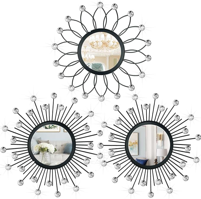 3 Pack Metal Mirrors for Wall Sunburst Wall Mirrors Home Décor Decorative Hanging Wall Art for Living Room Bedroom Entryway (Black Crystal, Flower+Sunburst) by Uaussi