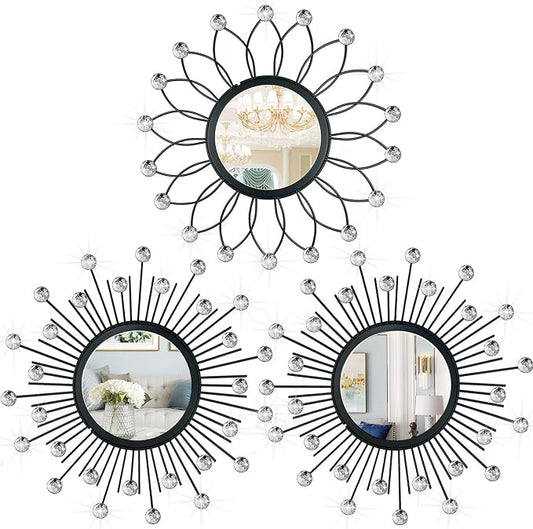 3 Pack Metal Mirrors for Wall Sunburst Wall Mirrors Home Décor Decorative Hanging Wall Art for Living Room Bedroom Entryway (Black Crystal, Flower+Sunburst) by Uaussi