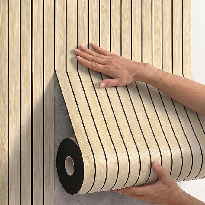 Peel and Stick Wall Panels：Waterproof & Easy to Cut, 118"x15.7" White Oak | Self-Adhesive PVC Wood Panels for Interior Walls, Slat Panels 3D Wood Grain Look,Ideal for Living Room, Bedroom & Ceilings by Unknown