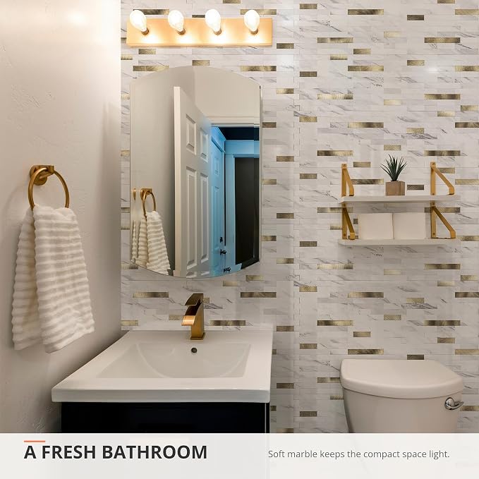 StyloVue 20 Sheets Peel and Stick Backsplash for Kitchen, Sparkle White Marble Look with Gold Metal, Glossy Finish, Stick on Tile for Kitchen Backsplash, RV, Fireplace - Image 4
