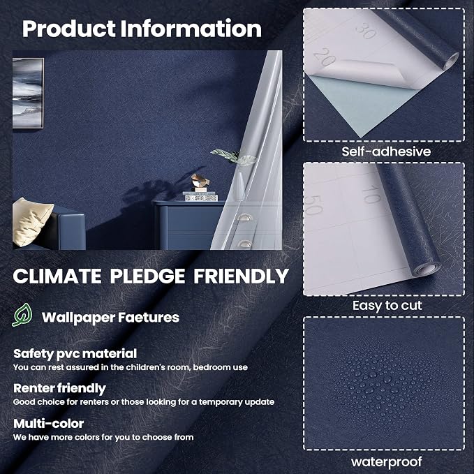 Dark Blue Peel and Stick Wallpaper Removable Self Adhesive Contact Paper | 15.7" x 196.8" Waterproof Silk Boys Wall Covering Poster Board Kitchen Countertop Vinyl Wrap for Bathroom Cabinet - Image 2