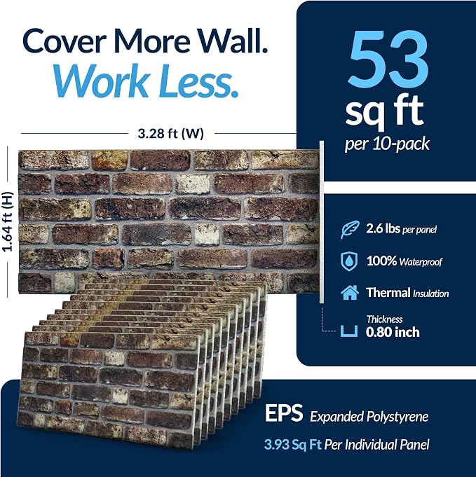 Dundee Deco 3D Wall Panels Faux Brick - Cladding, Grey Brown Stone Look Wall Paneling, Styrofoam Facing for Living Room, Kitchen, Bathroom, Balcony, Bedroom, Set of 10, Covers 53 sq ft - Image 3