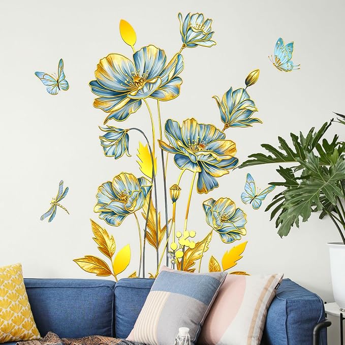 Blue and Gold Floral Wall Decals with Butterflies and Dragonflies, Large Flower Wall Stickers, 39.37x29.52 Inch, Bedroom Living Room Decor (Blue and Gold) by MagiMural
