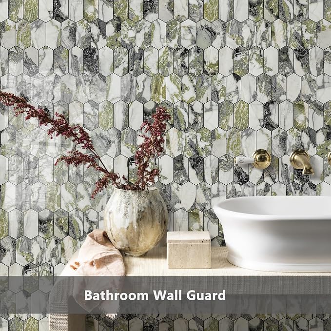 Vamos Tile Long Hexagon Peel and Stick Backsplash Tile - 10 Sheets Stick on Backsplash for Kitchen and Bathroom 12.4 x 12 Inch Glossy Ice Green PVC Self Adhesive Mosaic Wall Tiles - Image 2