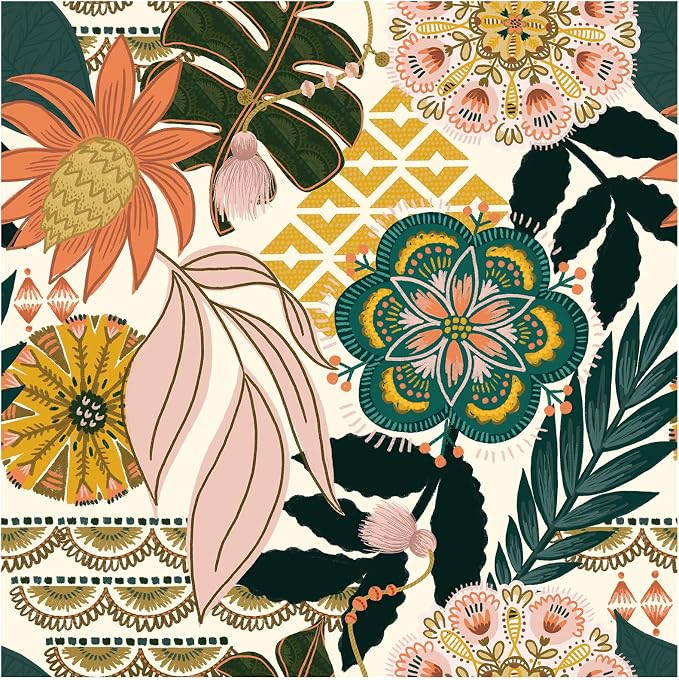 HAOKHOME Tropical Wallpaper Peel and Stick Wallpaper Boho 17.3in x 32.8ft | Floral Botanical Leaf Textured Removable Waterproof Renter Friendly Wall Paper Cream Pink Green Bathroom Bedroom ContactPaper by HAOKHOME