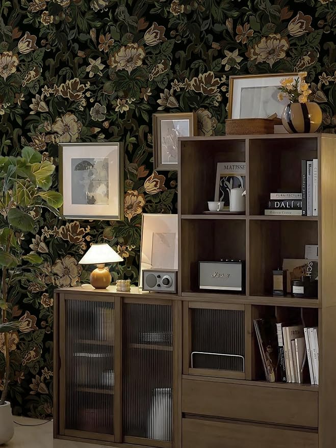 Dimoon 17.3"x393" Dark Wallpaper Peel and Stick Moody Vintage Victorian Floral Contact Paper Green Gothic Wallpaper for Bedroom Flower Leaf Yellow Renter Friendly Wall Paper Removable Vinyl Roll - Image 5