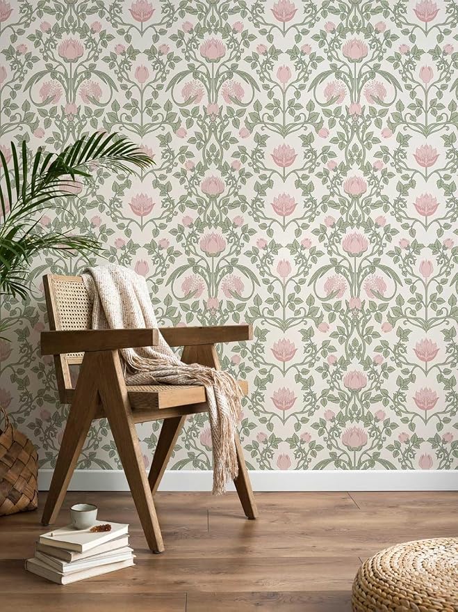 YXTII 590.5" × 17.3" Floral Wallpaper Peel and Stick Pink and Green Wallpaper Vintage Damask Wall Paper for Bedroom Bathroom Decorative Self Adhesive Contact Paper by YXTII