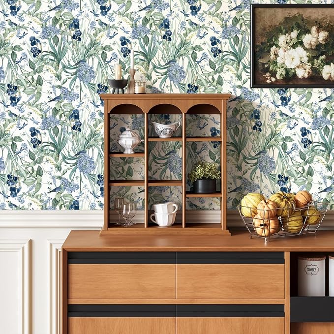 Floral Wallpaper Peel and Stick Flower Bird Blue Vinyl 17in x 393in | Flower Contact Paper Vintage Floral Wallpaper Boho Self Adhesive Waterproof Wall Paper Botanical Removable Decorative Vinyl - Image 7
