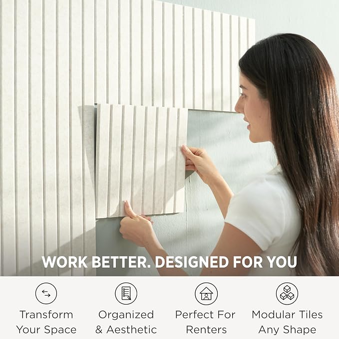 VIVELDA Felt Bulletin Board Tiles 48"x36" - 12-Pack Cork Board Alternative, OEKO-TEX Certified, NRC 0.95 Acoustic Felt Wall Panels, Damage-Free Adhesive, Slatted Design Home Office & Classroom (Linen) - Image 2
