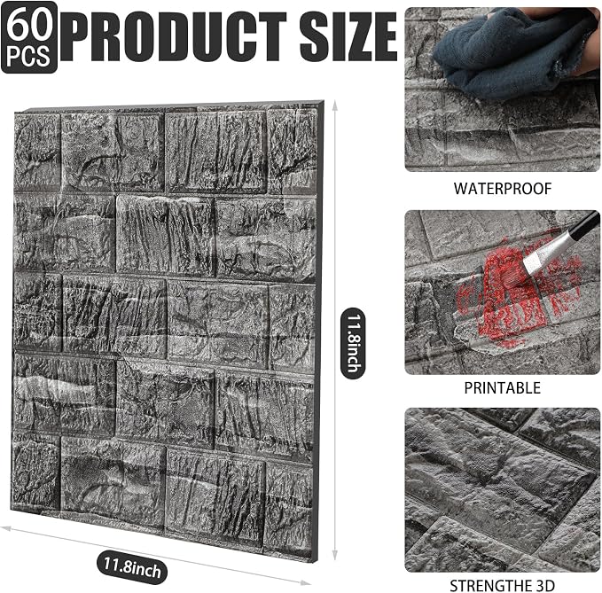 Colarr 60 Pcs 58 Sq ft 3D Wall Panels Peel and Stick Faux Foam 3D Brick Wallpaper Faux Paneling Adhesive Wall Covering Panels Decorative Medieval Tiles Waterproof for Bedroom(Black Stone Color) - Image 2