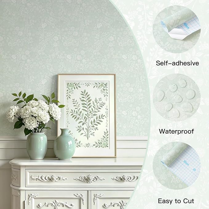 Guvana Sage Green and White Peel and Stick Wallpaper Floral Wallpaper Slef Adhesive Removable Waterproof Contact Paper Boho Wall Paper for Living Room Bathroom Bedroom Kitchen 17.3''x78.7'' - Image 2