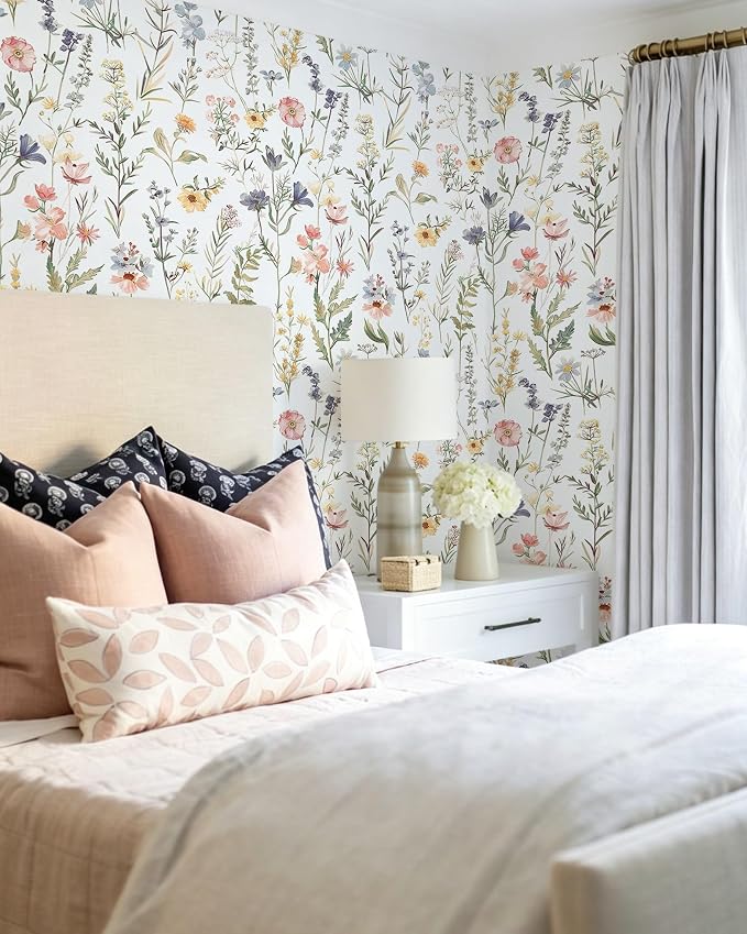 Dimoon Boho Peel and Stick Wallpaper White Floral Contact Paper 17.3x394in |Purple Wildflower Botanical Renter Friendly Removable Self Adhesive Stick on Wall Paper Decor for Bathroom Bedroom Vinyl - Image 5