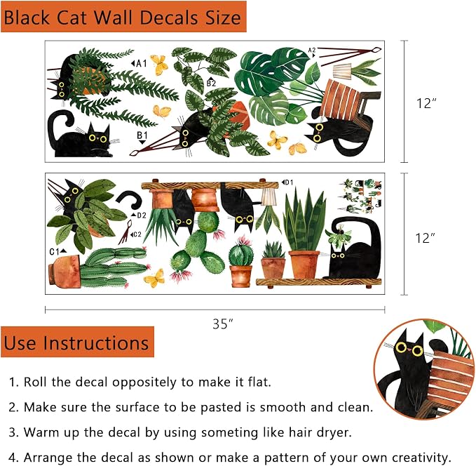 Yovkky Black Cats Potted Plant Wall Decals Stickers | Cartoon Kitty Botanical Bonsai Nursery Playroom Decor, Cactus Kids Bedroom Home Classroom Living Room Kitchen Decorations Art - Image 2