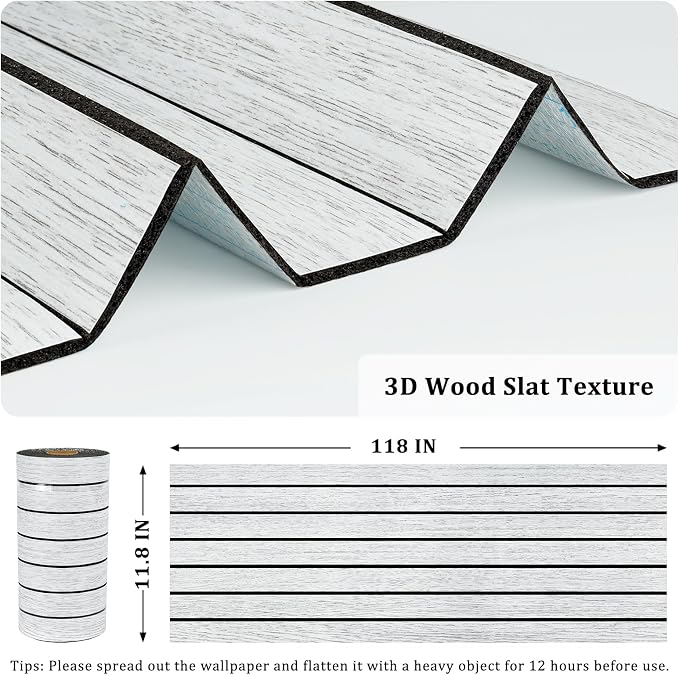 Wood Slat Panel for Interior Wall Decor Textured 3D Walls Paneling | Self Adhesive Soundproof Peel and Stick Wooden Slats Wall Panel for Bedroom Bathroom Living Room 118"x 11.8" White/Grey - Image 5