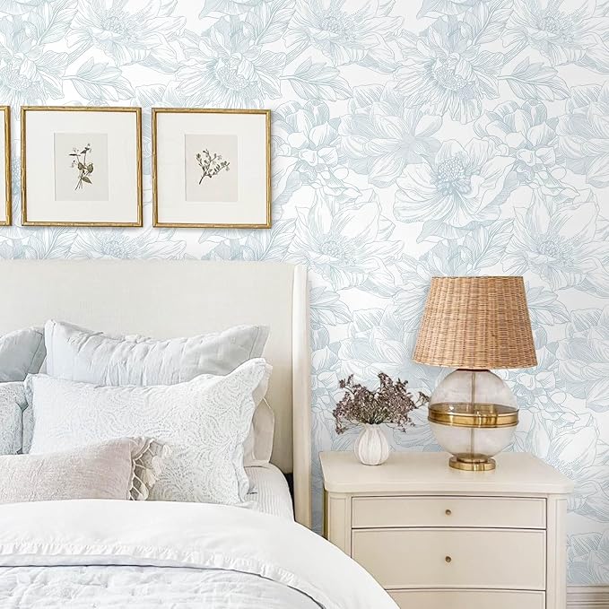 Ismoon Large Floral Peel and Stick Wallpaper Boho White and Blue Contact Paper 17.3inx6.5ft Modern Wall Paper Removable Self Adhesive Vinyl Wallpaper for Bedroom Cabinet Waterproof Mural Wall Decor - Image 2