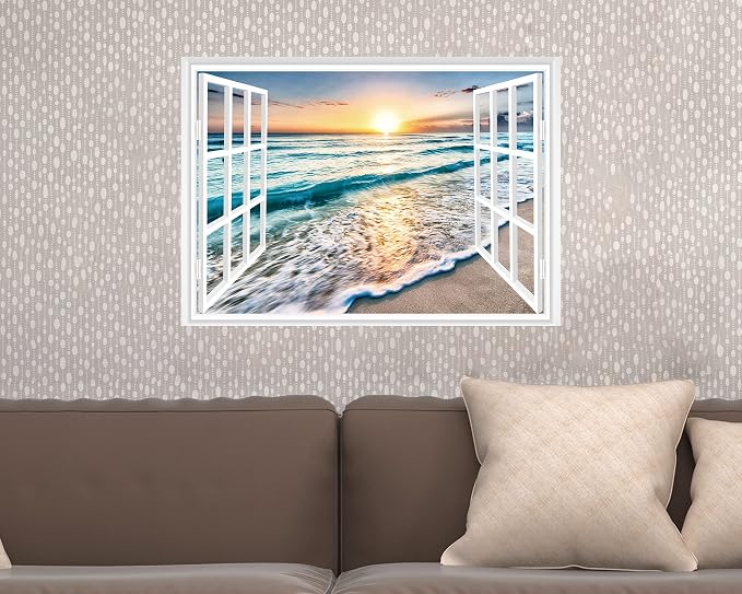 FLFK Fake Window Wall Sticker - Sunset Beach Faux Window Wall Mural for Wall Decor, Stick and Peel Wall Decals,16"x24" - Image 4
